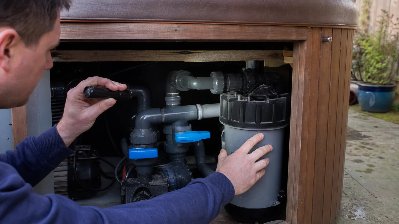 Hot tub pipe connections inspection in a realistic outdoor wellness setting