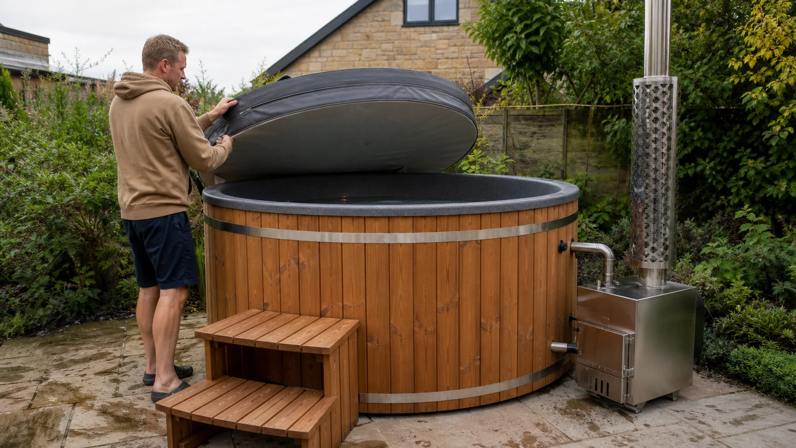 Hot tub restart after holiday checklist in a realistic outdoor wellness setting