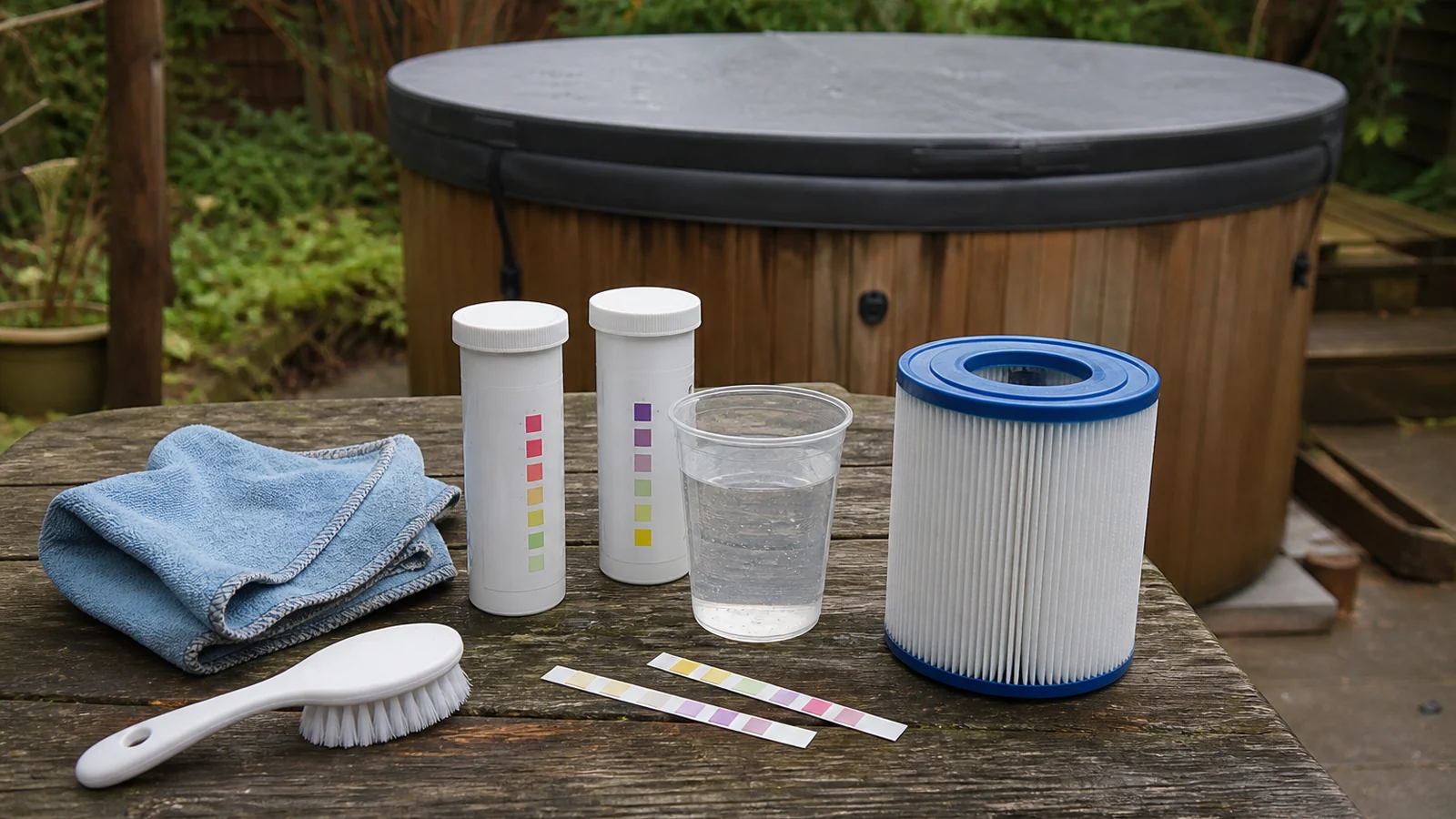 Hot tub restart water test kit in a realistic outdoor wellness setting