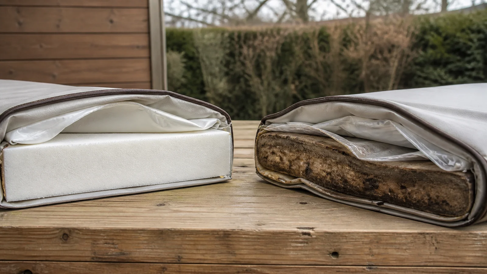 Dry versus waterlogged hot tub cover core in a realistic outdoor wellness setting