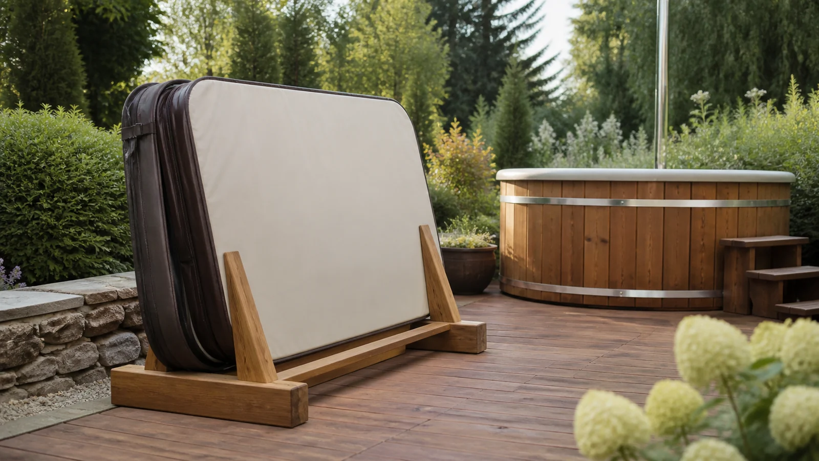 Hot tub cover drying on wide rack in a realistic outdoor wellness setting
