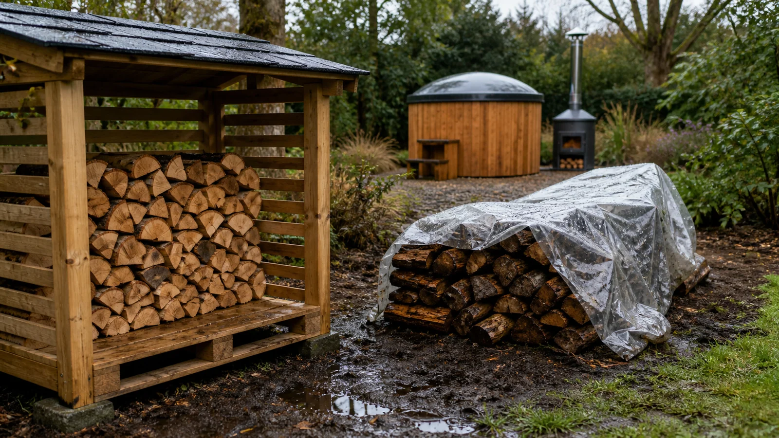 Dry approved firewood compared with wet firewood for a hot tub stove