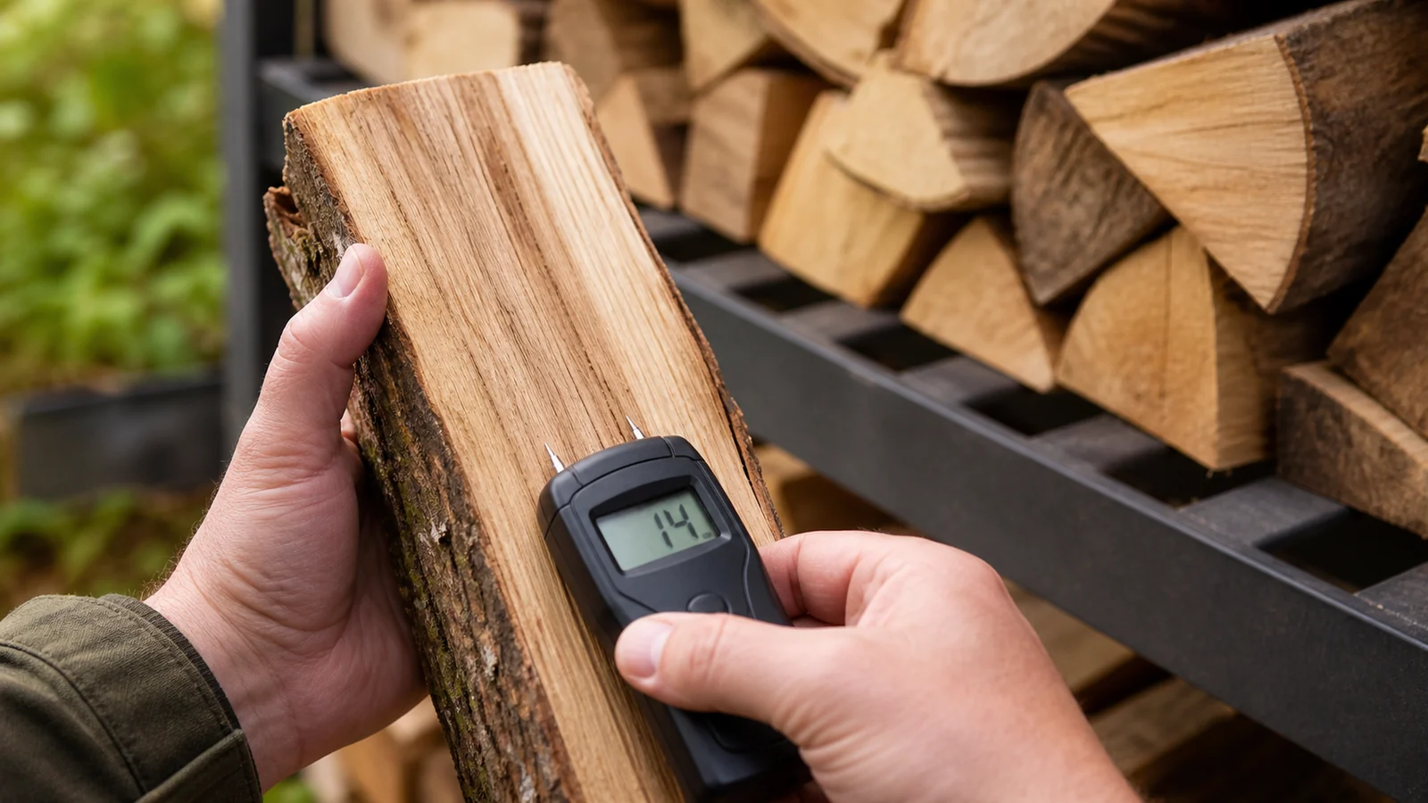 Moisture meter checking the freshly split face of hot tub firewood