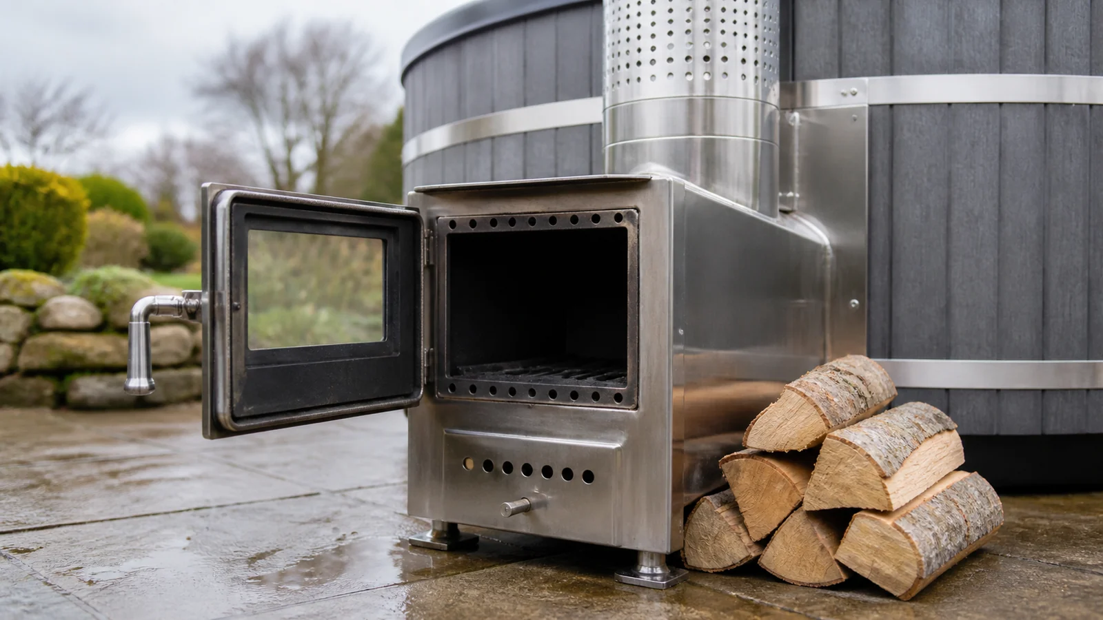 Wood-fired hot tub stove checked for dry fuel, clear air inlet and safe loading area