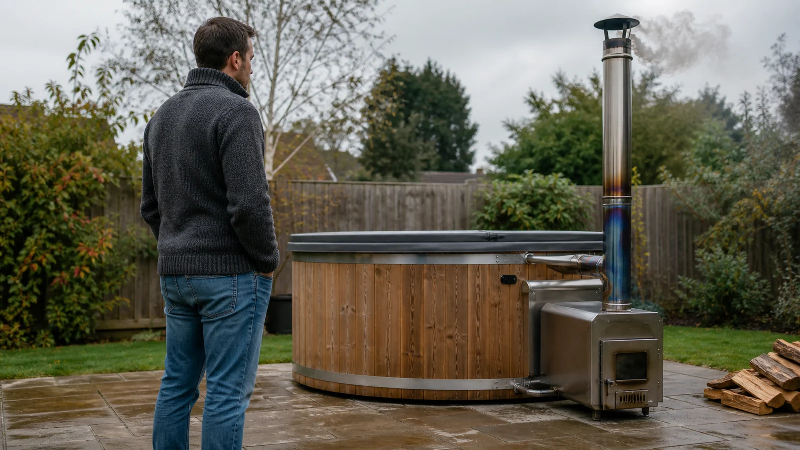 Wood-fired hot tub stove inspected for smoke, condensate and rain entry