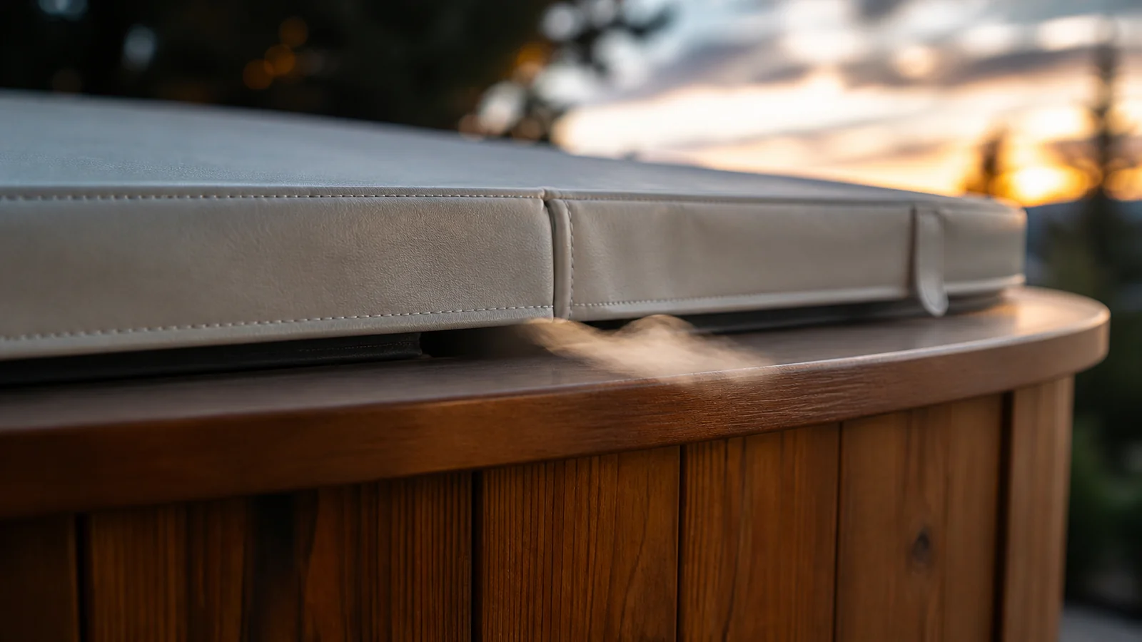 Warm vapour escaping from a gap in a hot tub cover during cold weather