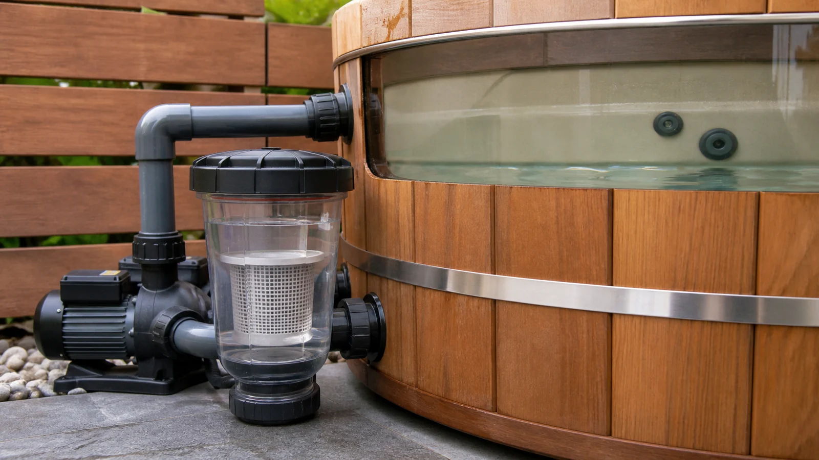 Accessible hot tub filter pot and low pipework where water can remain after draining