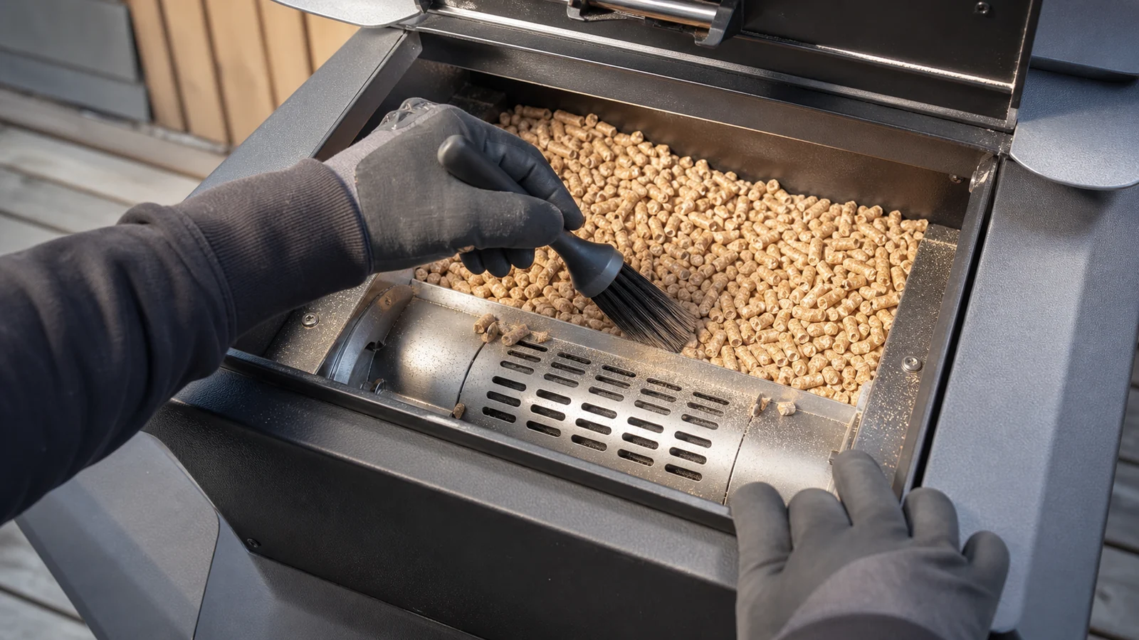Pellet heater hopper and feed route being checked for dry fuel and dust