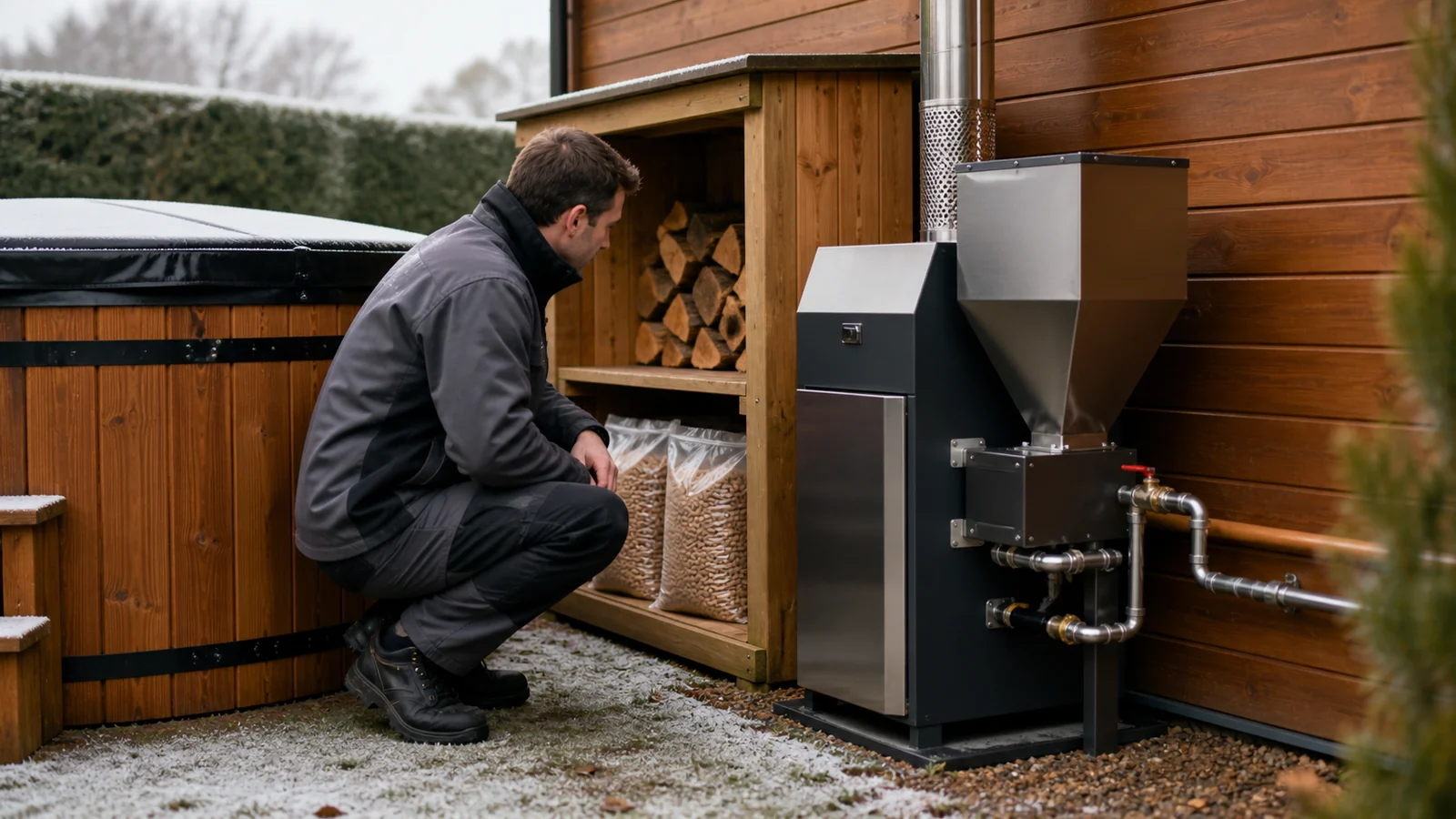 Pellet hot tub heater being inspected at the combustion chamber and controller