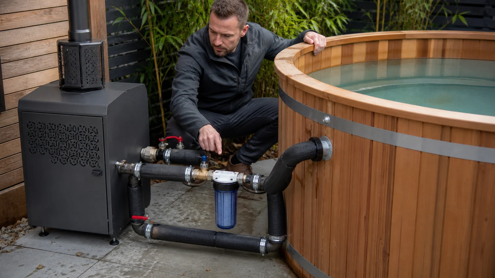 Pellet hot tub heater water connections checked before operation
