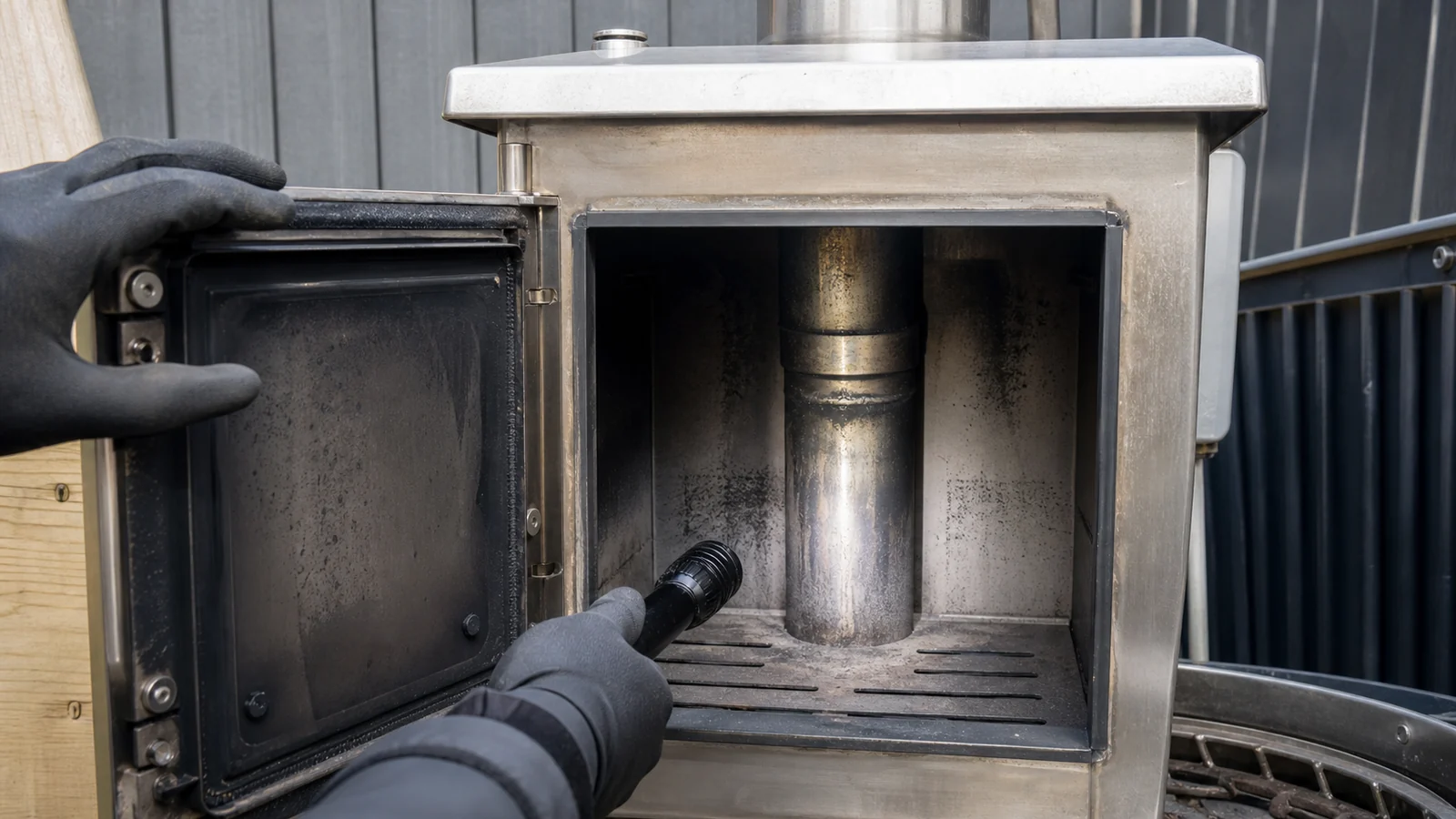 Cold wood-fired hot tub stove firebox and flue inspected during maintenance