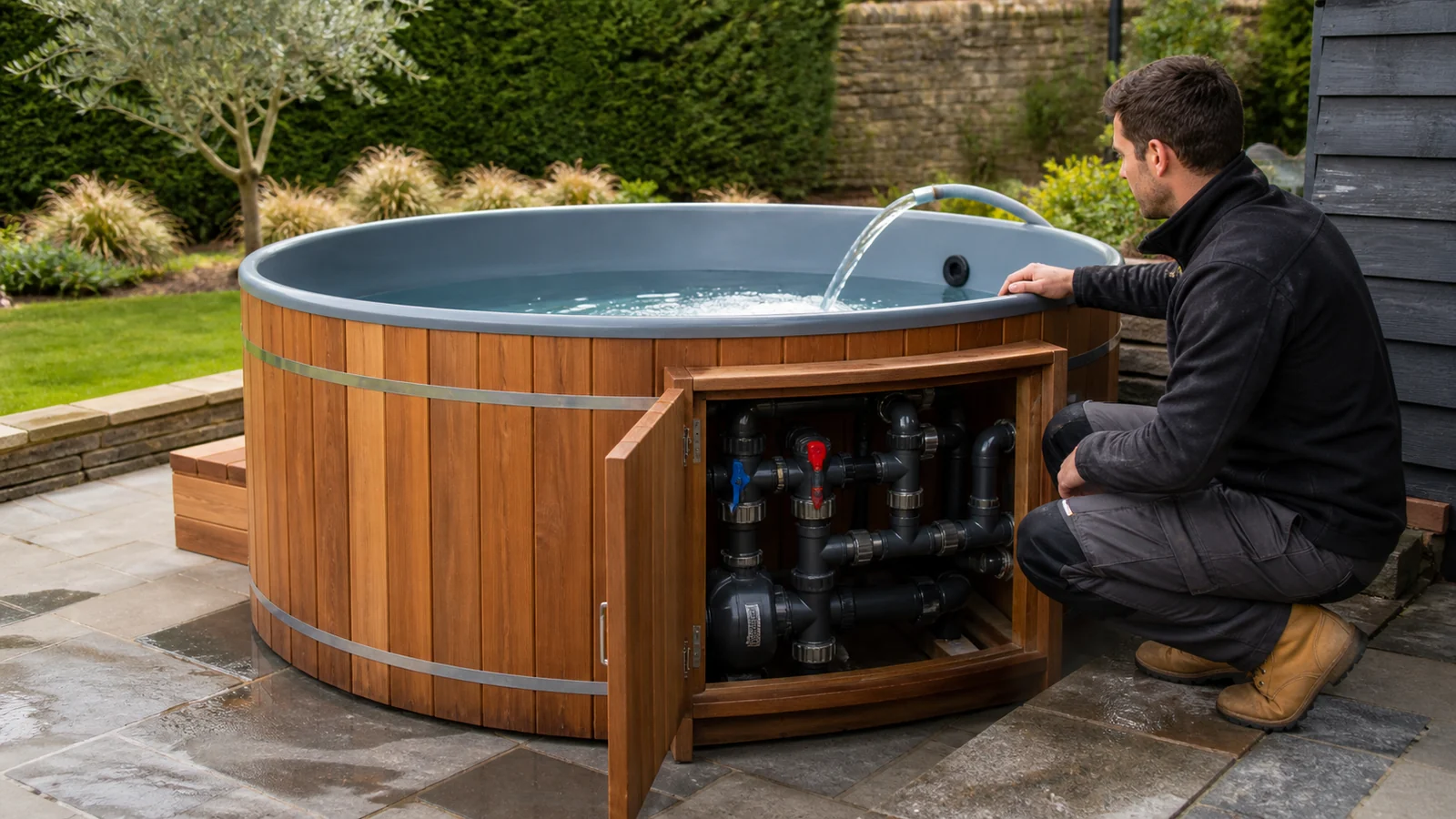 Hybrid hot tub commissioned with water level, circulation and heater controls checked