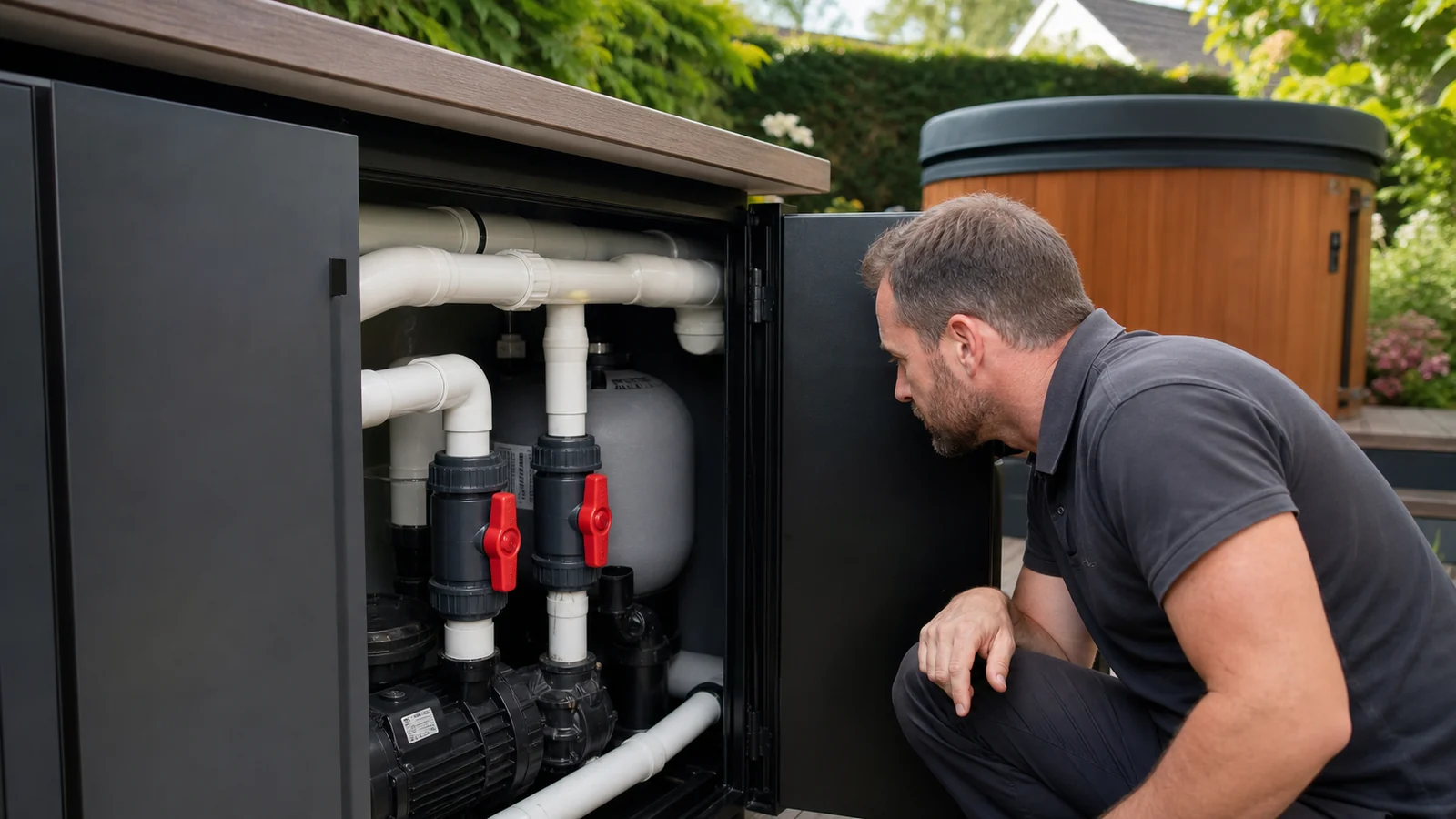 Technician inspecting hot tub pipe unions during the first fill after winter