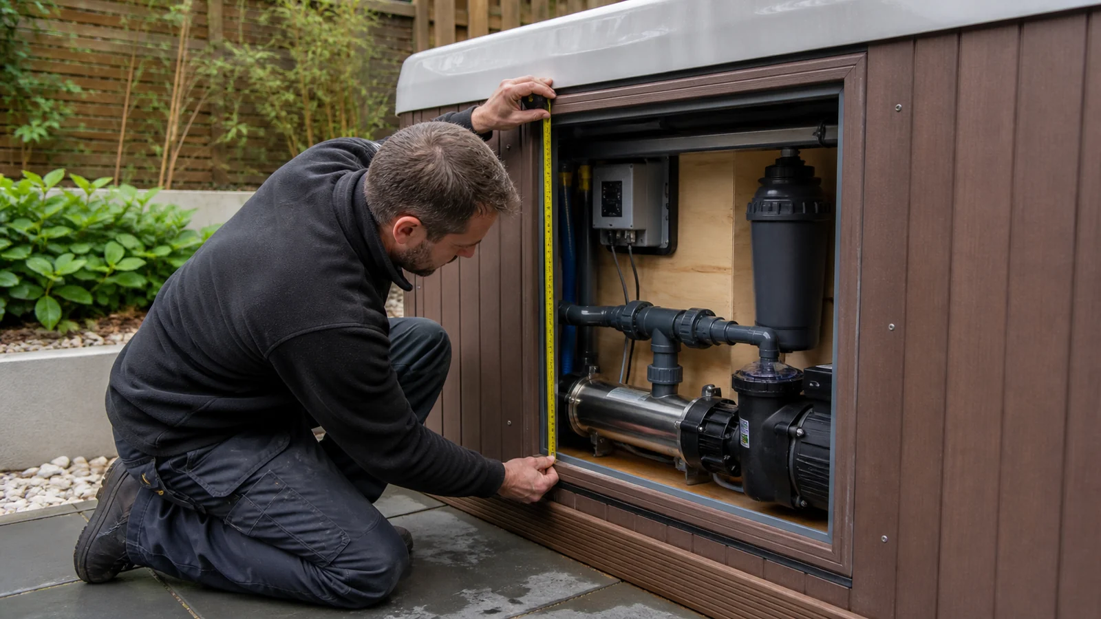 Built-in hot tub heater clearance and accessible connections