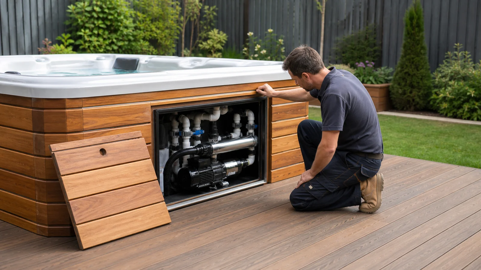 Built-in hot tub surround designed with large removable service panels