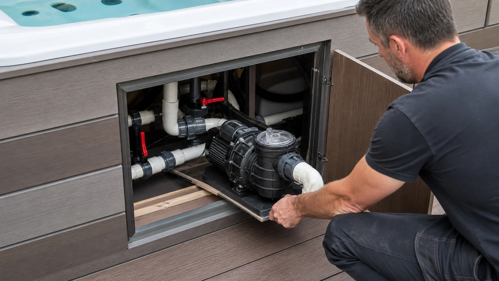 Hot tub service hatch sized for removal of pumps and controls