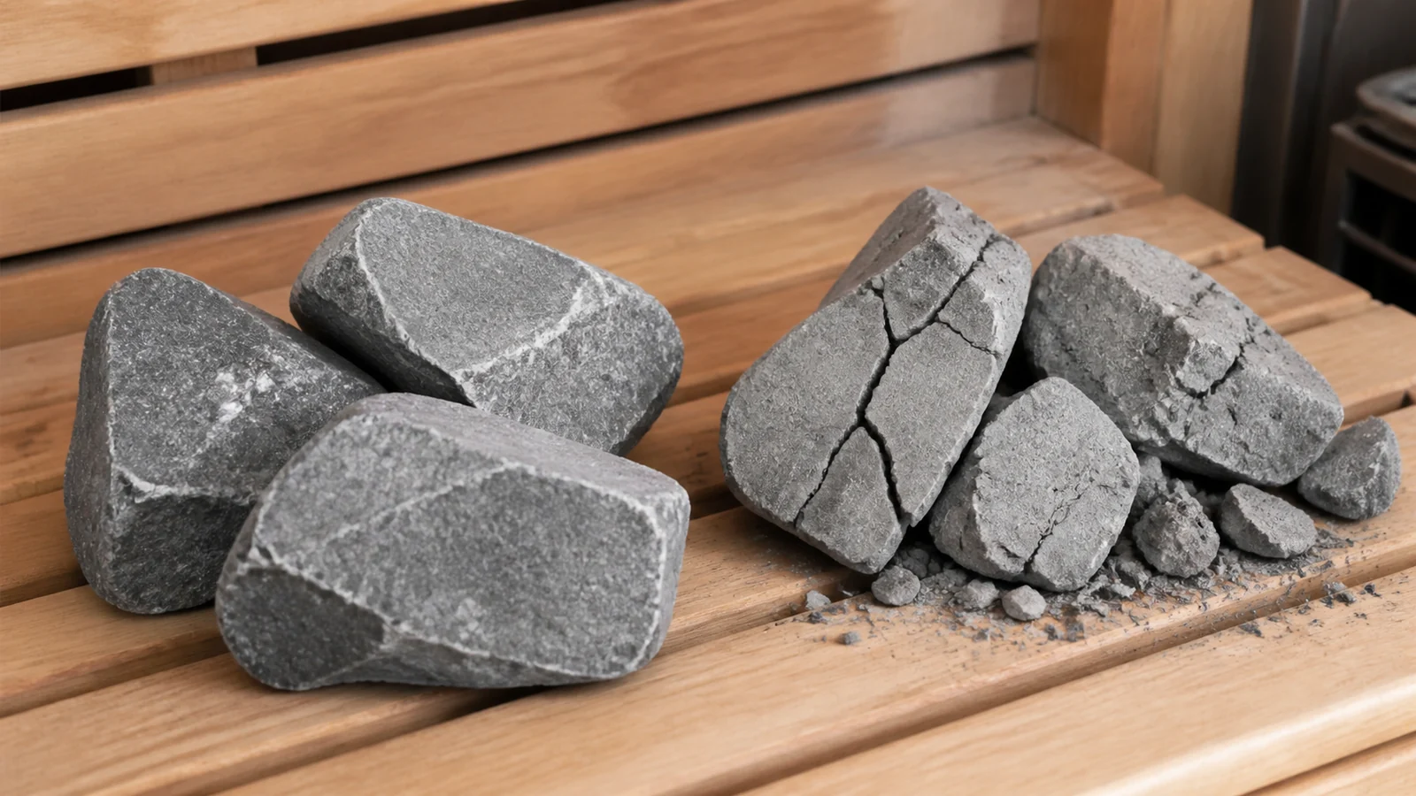 Sound sauna heater stones compared with cracked and crumbling stones