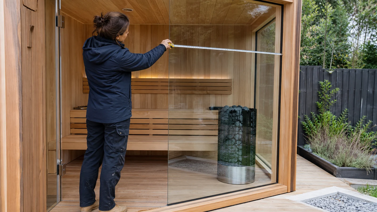 Outdoor sauna heater selection based on room volume, glazing and insulation