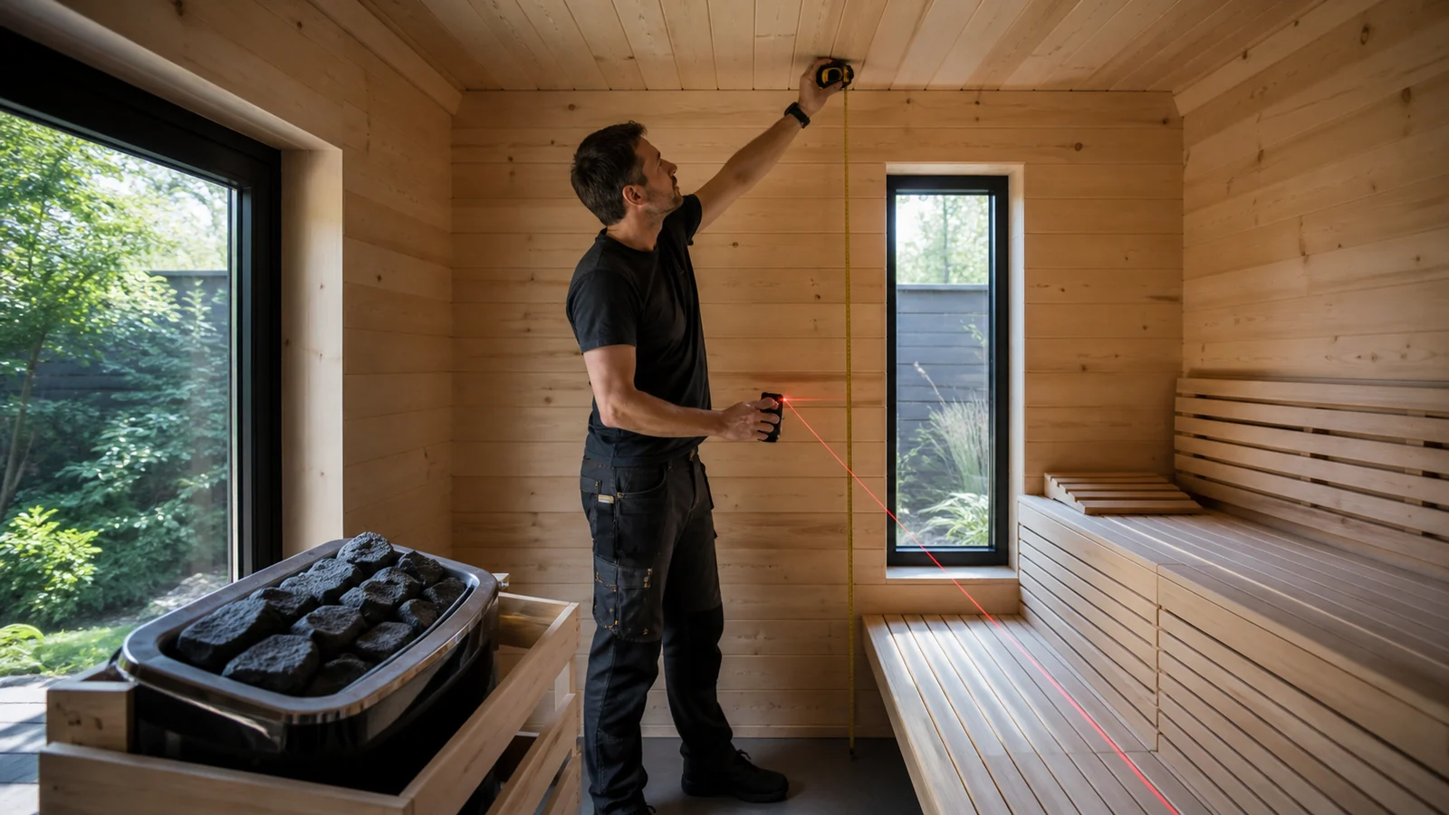 Outdoor sauna room volume, glazing and heater size planned before construction