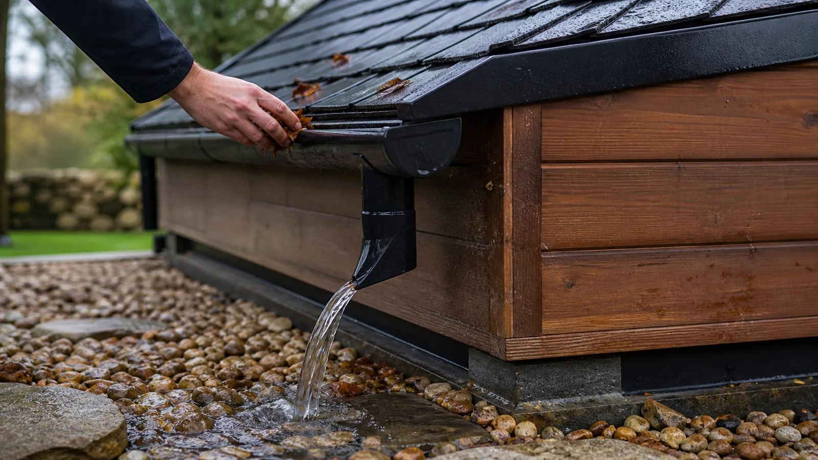 Inspecting an outdoor sauna roof edge, cladding end grain and lower wall after winter weather