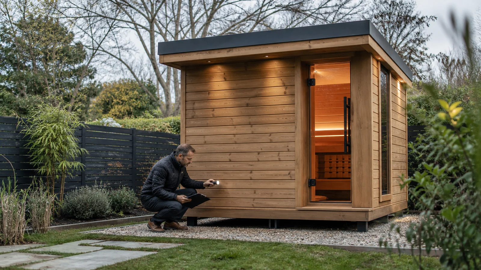Outdoor sauna safety inspection checklist for heater, stones, vents, door, benches, roof and base