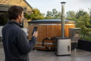 Homeowner using a phone to control an external pellet heater connected to a wooden hot tub