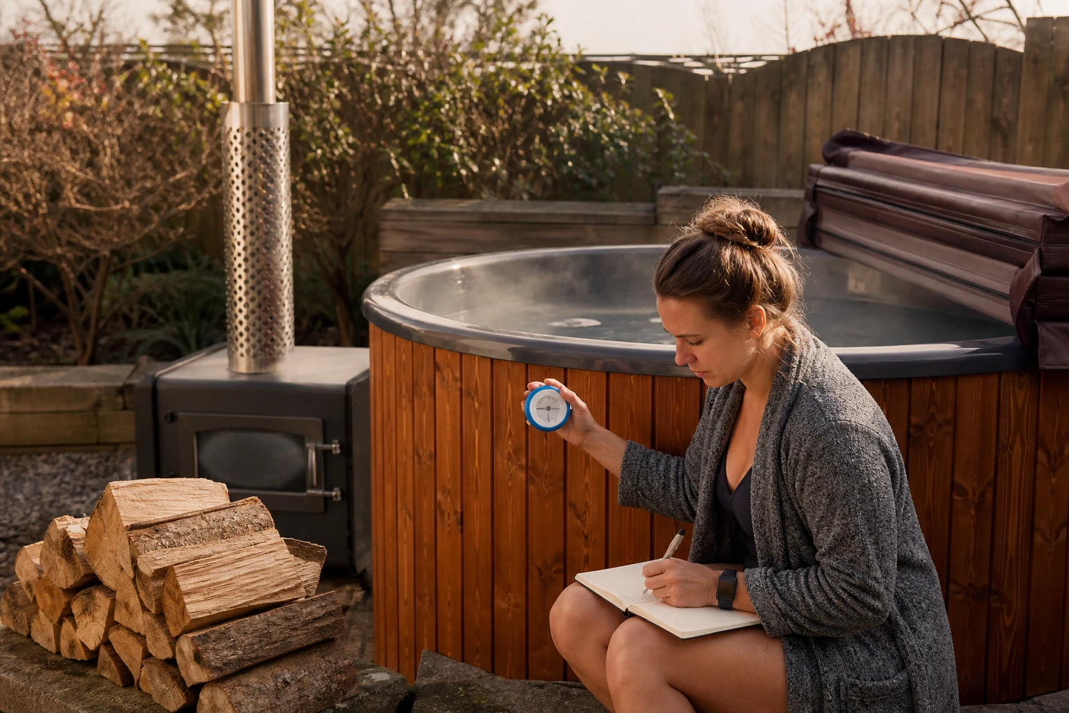 Homeowner recording firewood use and water temperature beside an insulated wood-fired hot tub