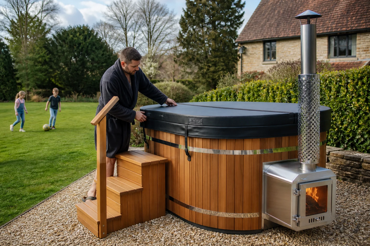 Adult securing an insulated cover on a wood-fired hot tub with safe steps and chimney guard