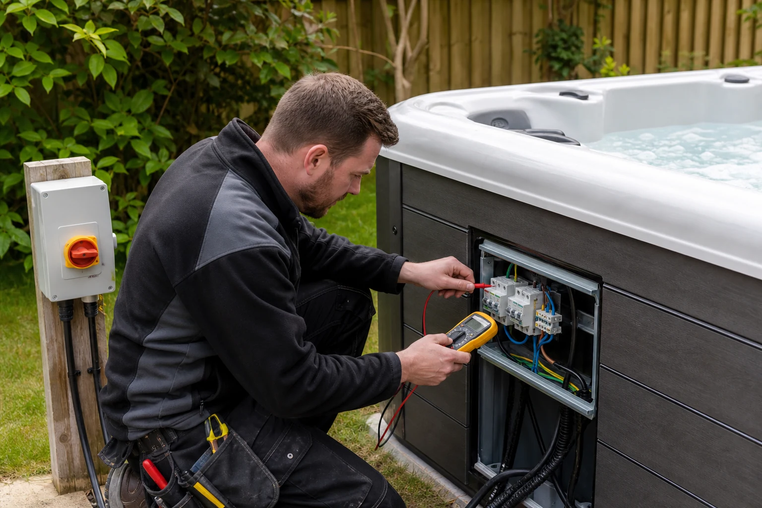 Qualified electrician testing the protected electrical connections of an outdoor hot tub