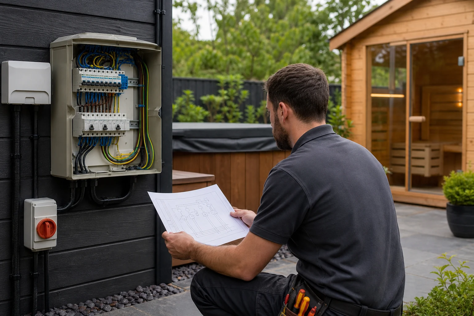 Electrician reviewing protected circuits for an outdoor hot tub and garden sauna