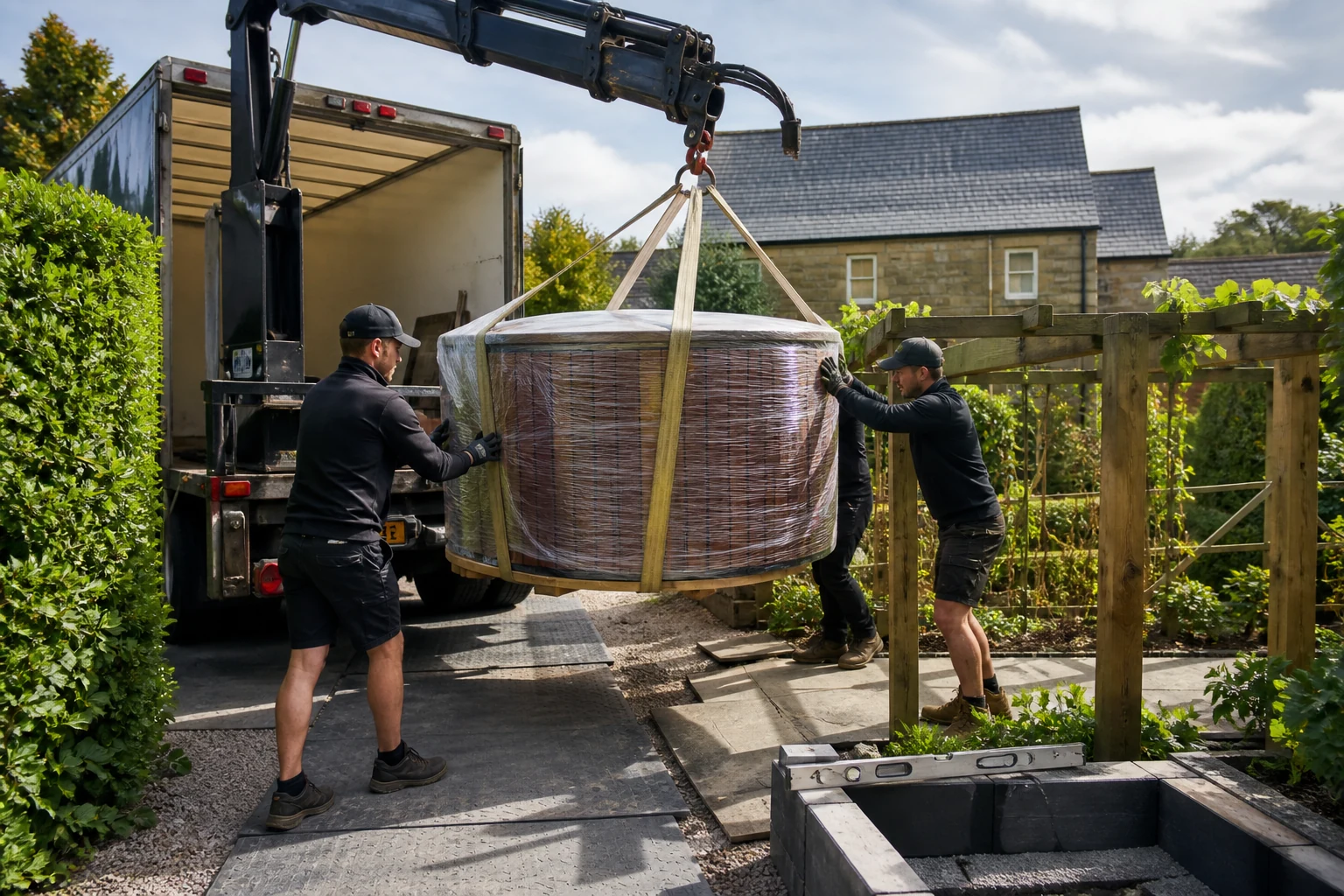 Outdoor sauna and hot tub delivery being coordinated between carrier, lifting operator and prepared site