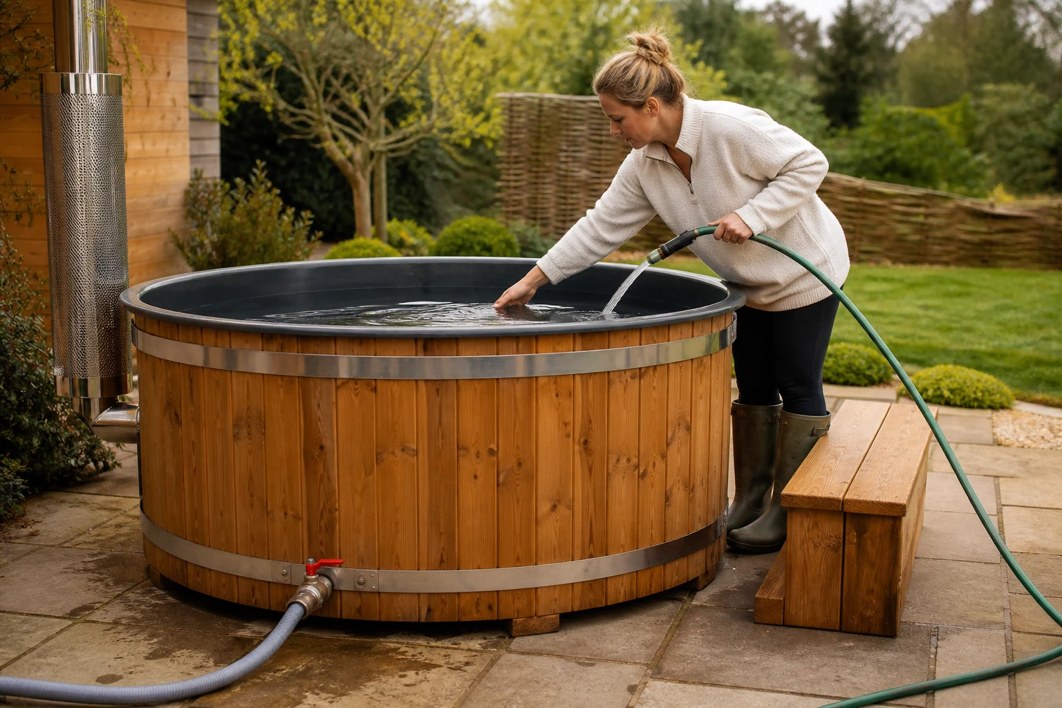 Wooden hot tub being filled with a garden hose with the lower drainage connection visible