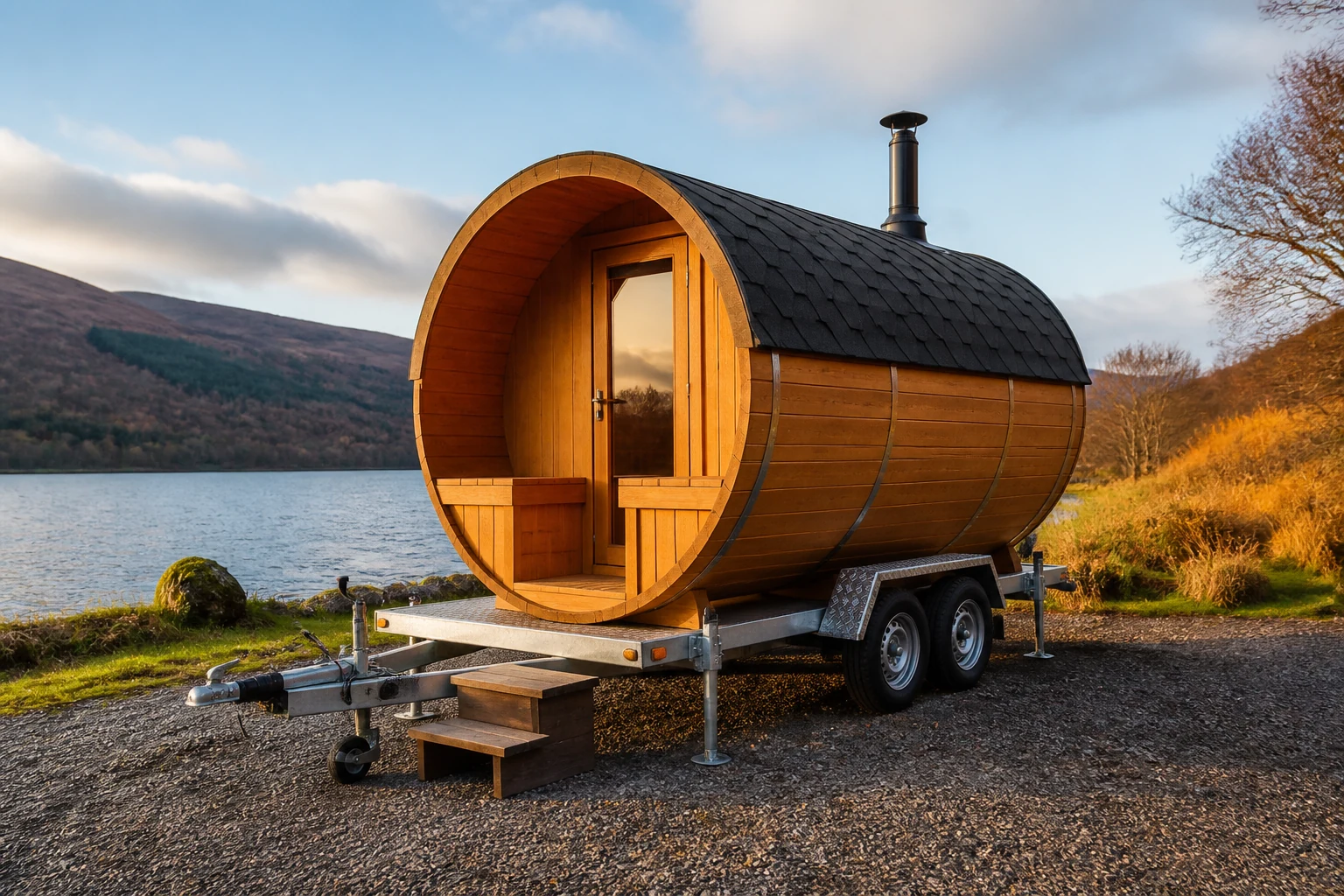 Timber barrel sauna mounted securely on a twin-axle trailer beside a lake