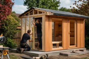 Carpenters installing insulation and cladding on a timber outdoor sauna in a garden