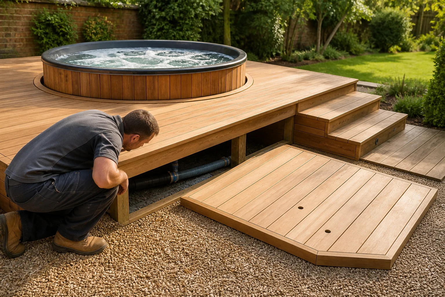 Contractor checking the service access beneath a wooden hot tub set into a timber deck