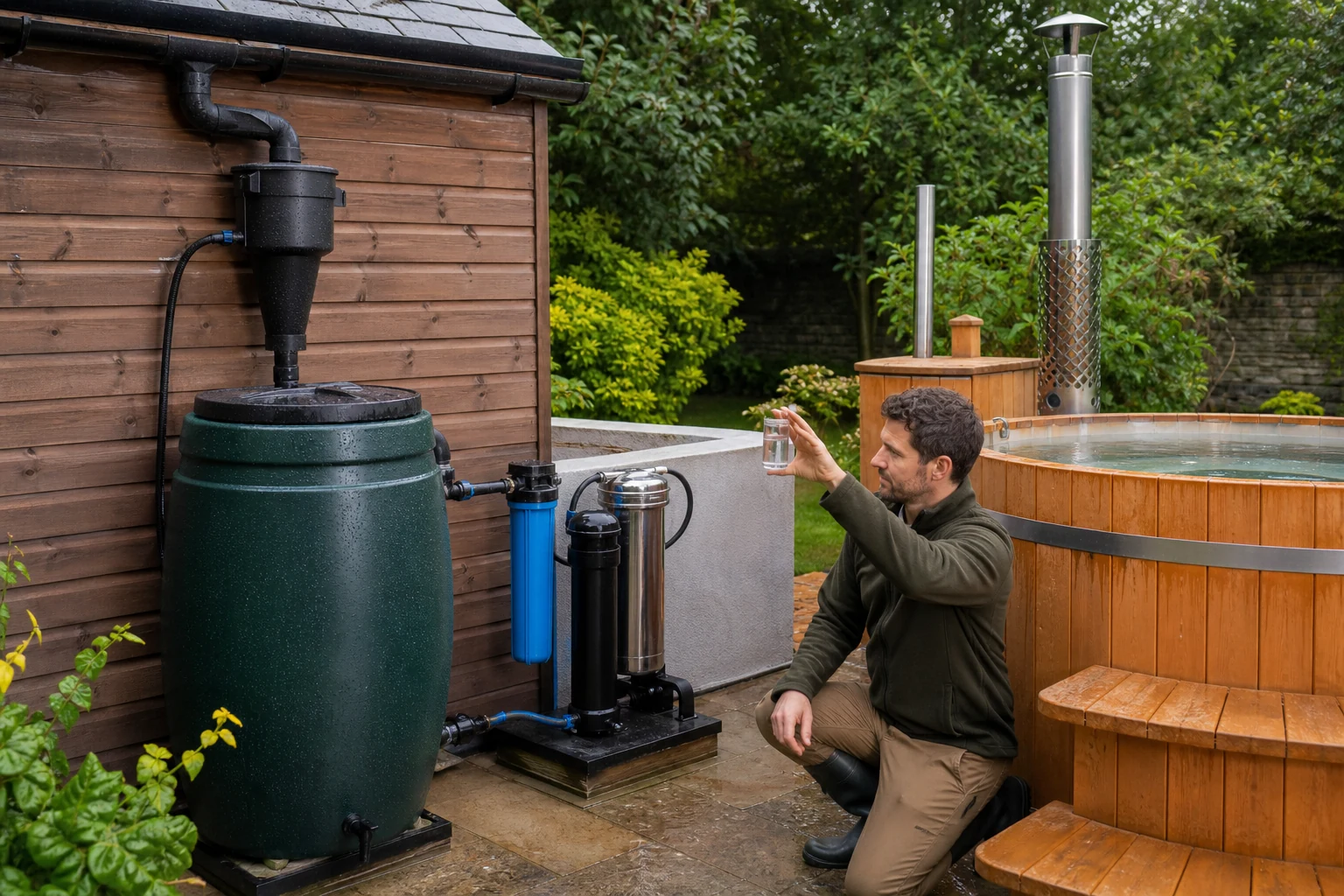 Rainwater collection and filtration system supplying a wooden hot tub in a British garden
