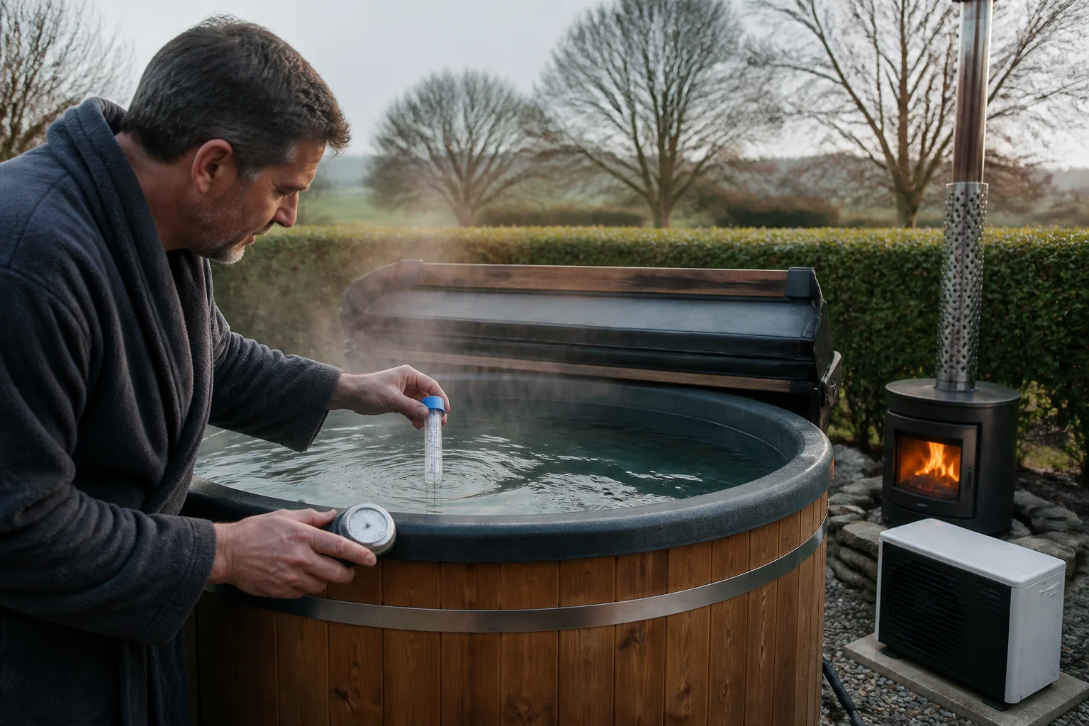 Homeowner measuring water temperature while comparing wood-fired and electric hot tub heating