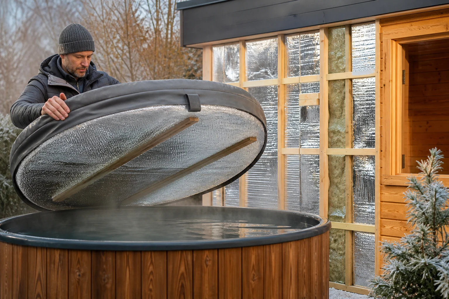 Installer demonstrating an insulated hot tub cover beside an insulated outdoor sauna wall