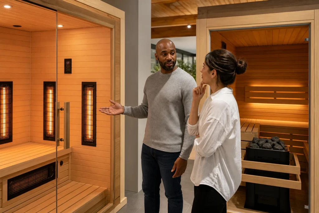 Customer comparing an infrared cabin with a traditional stone-heated timber sauna