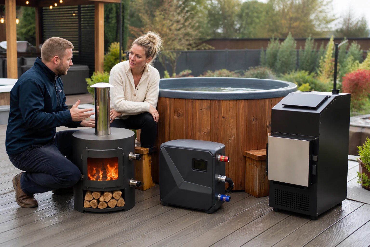 Installer comparing wood-fired, electric and pellet heating options beside a wooden hot tub