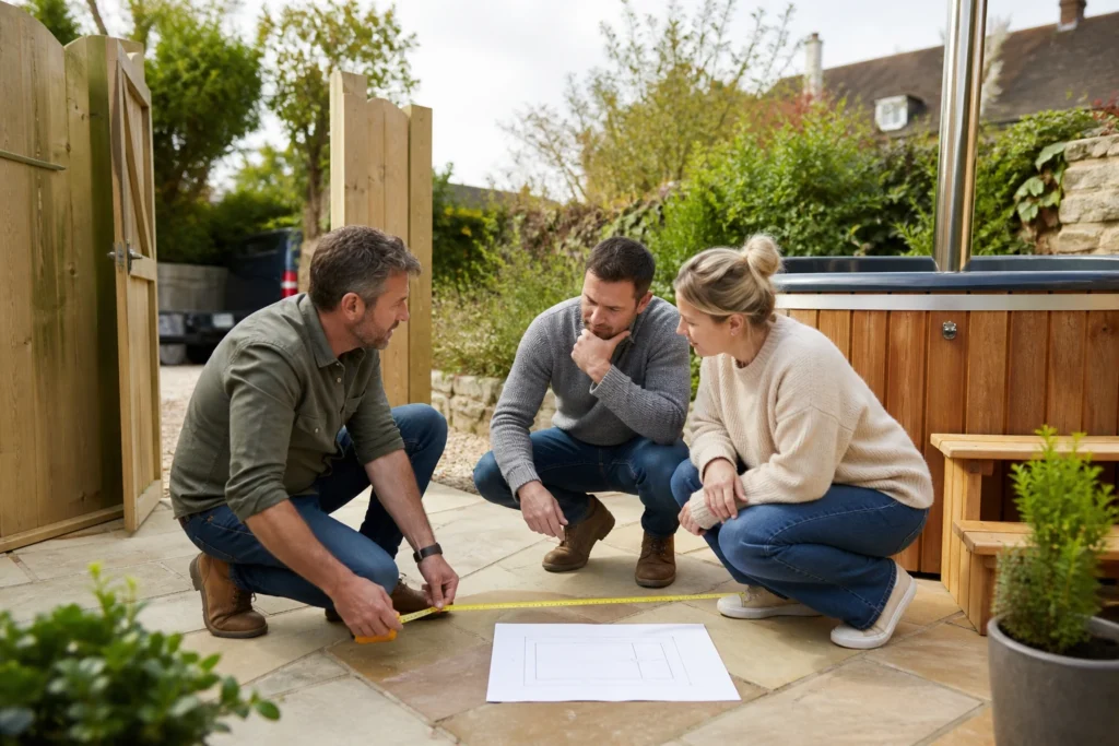 Couple and installer measuring the base and access route for a garden hot tub