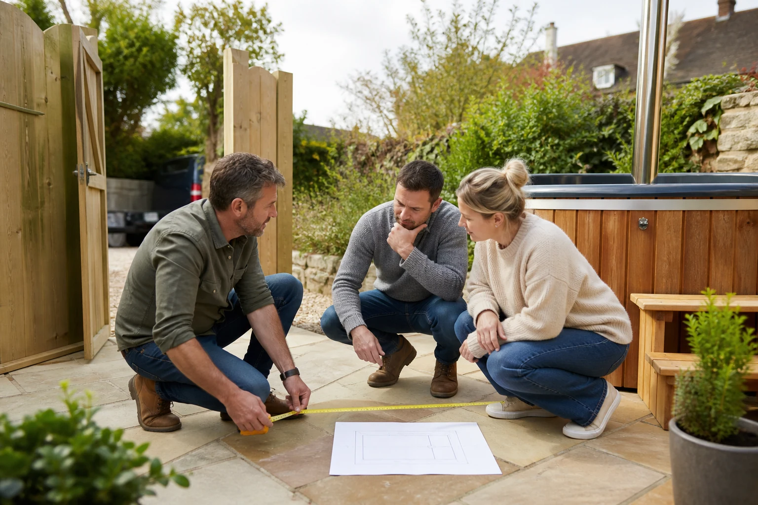 Couple and installer measuring the base and access route for a garden hot tub