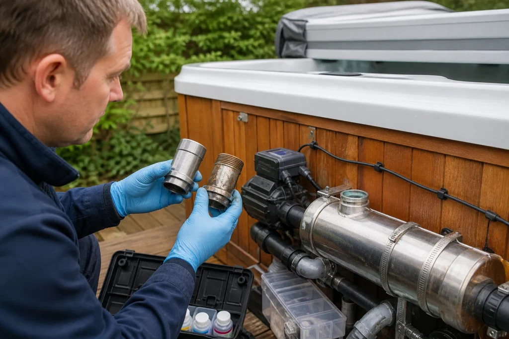 Technician comparing clean and corroded hot tub metal fittings beside the circulation system