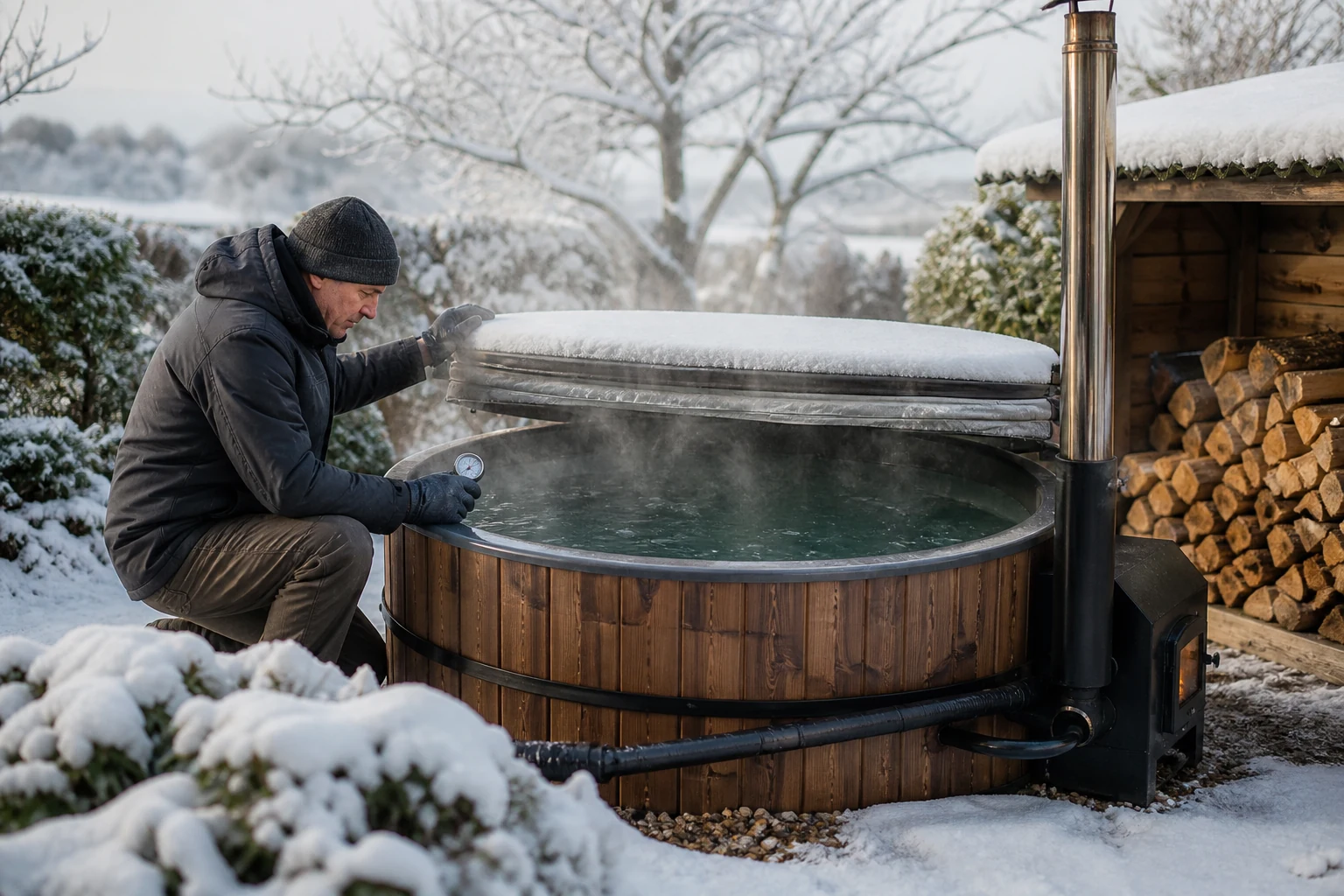 Owner checking a covered wood-fired hot tub and water temperature in snowy winter conditions