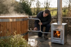 Technician checking the upper and lower circulation connections of a wood-fired hot tub