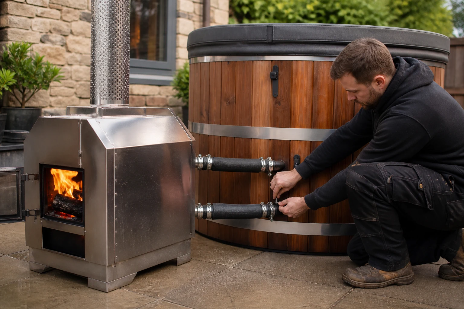 Technician checking insulated flow and return pipes between a wood stove and wooden hot tub
