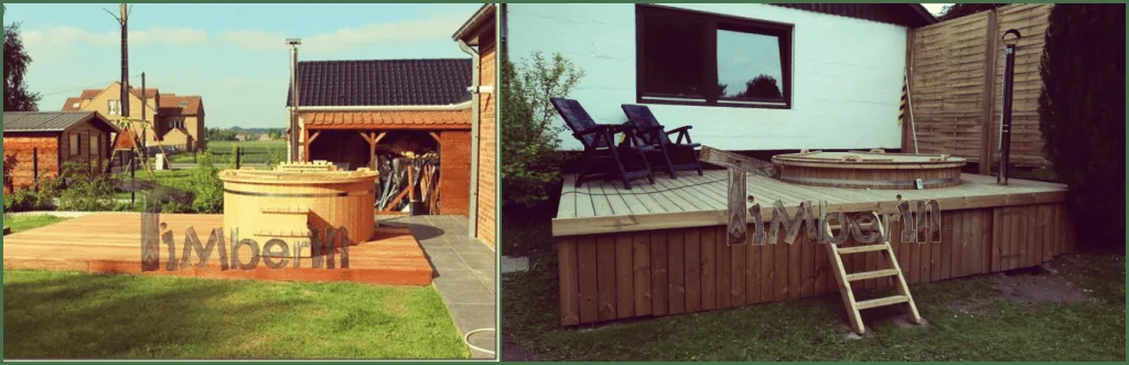 Three examples of round TimberIN hot tubs installed on raised timber terraces in gardens