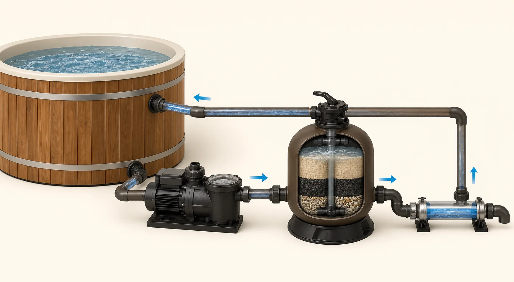 Hot Tub Water Treatment & Care 2 Technical diagram of a hot-tub circulation system with pump, sand filter and downstream UV-C unit
