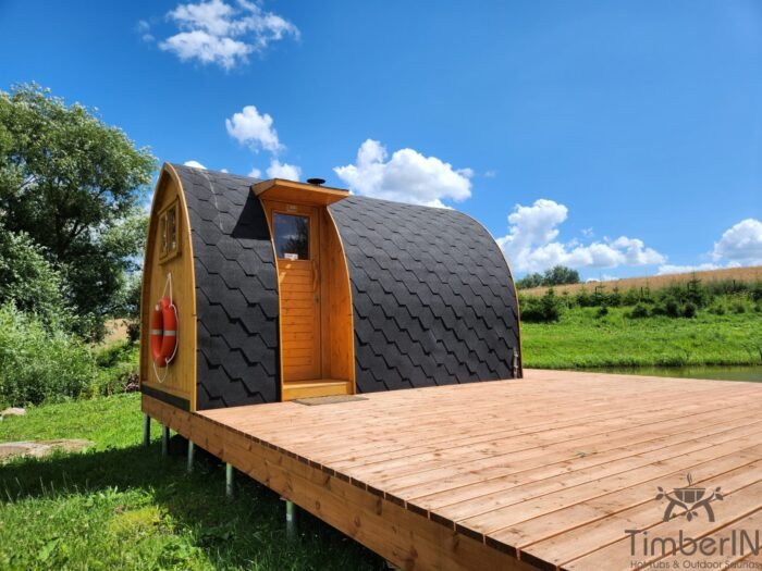 Outdoor pod sauna in Ireland installed on timber deck with panoramic countryside view
