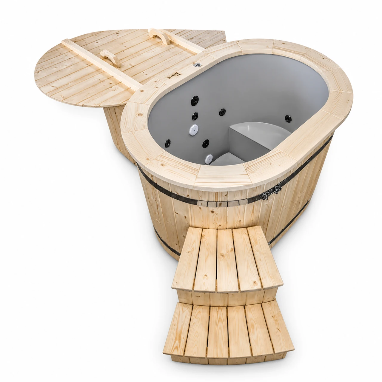2 Person Polypropylene Hot Tub – TimberIN Nordic Oval™ Duo 1 TimberIN Nordic Oval Duo two-person polypropylene hot tub with grey oval liner, wooden rim, lid and steps on a white background.